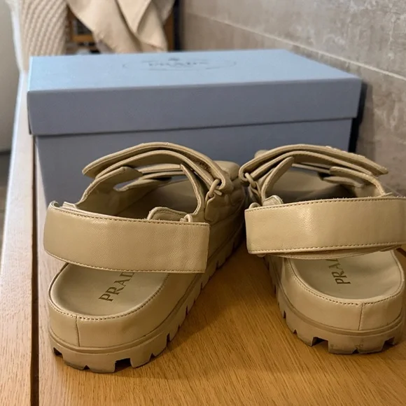 Prada PADDED LEATHER SANDALS / Nappa Double Strap Tan Sandals / IT 38 Camel - Picture 7 of 16